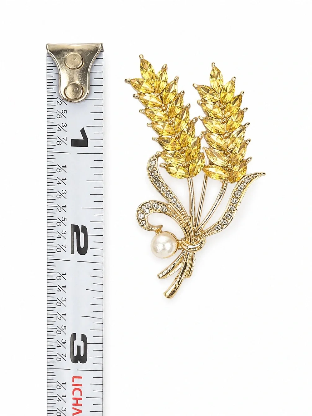 Gold‎ Tone Wheat Sheaf Rhinestone Pearl Brooch Pin Crystal Wheat